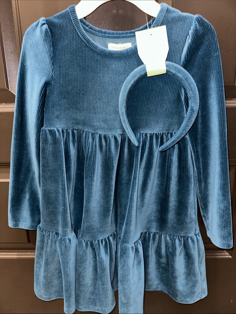 Cynthia Rowley Girls' Teal Corduroy Tiered Dress with Matching Headband